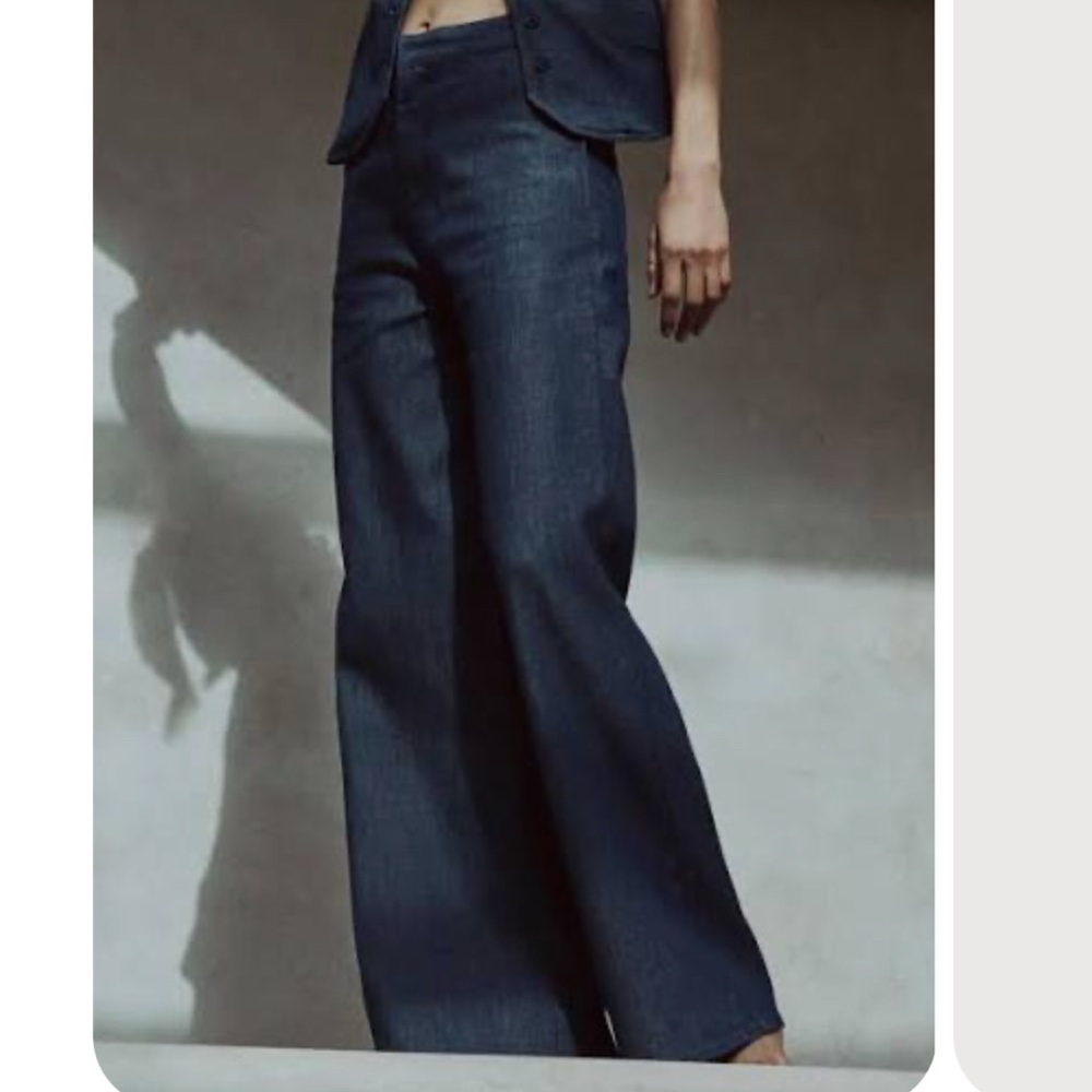 Wide leg dark wash denim trousers